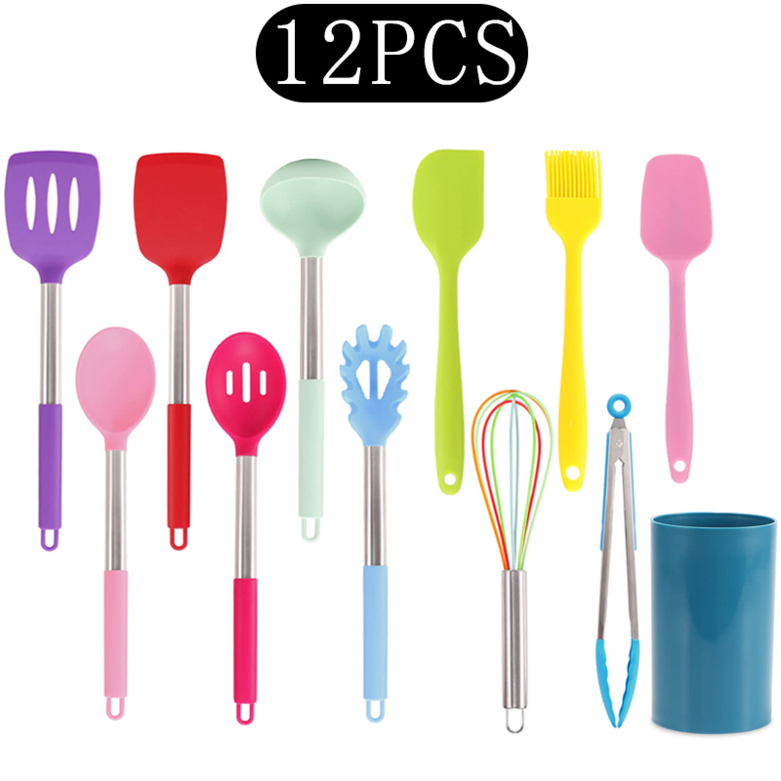 Kochutensilien-Set, schwarz, antihaftbeschichtet, Silikon, Küchenutensilien-Set, Edelstahlgriff, Küchenwerkzeug-Set, 12-teilig, Regenbogen