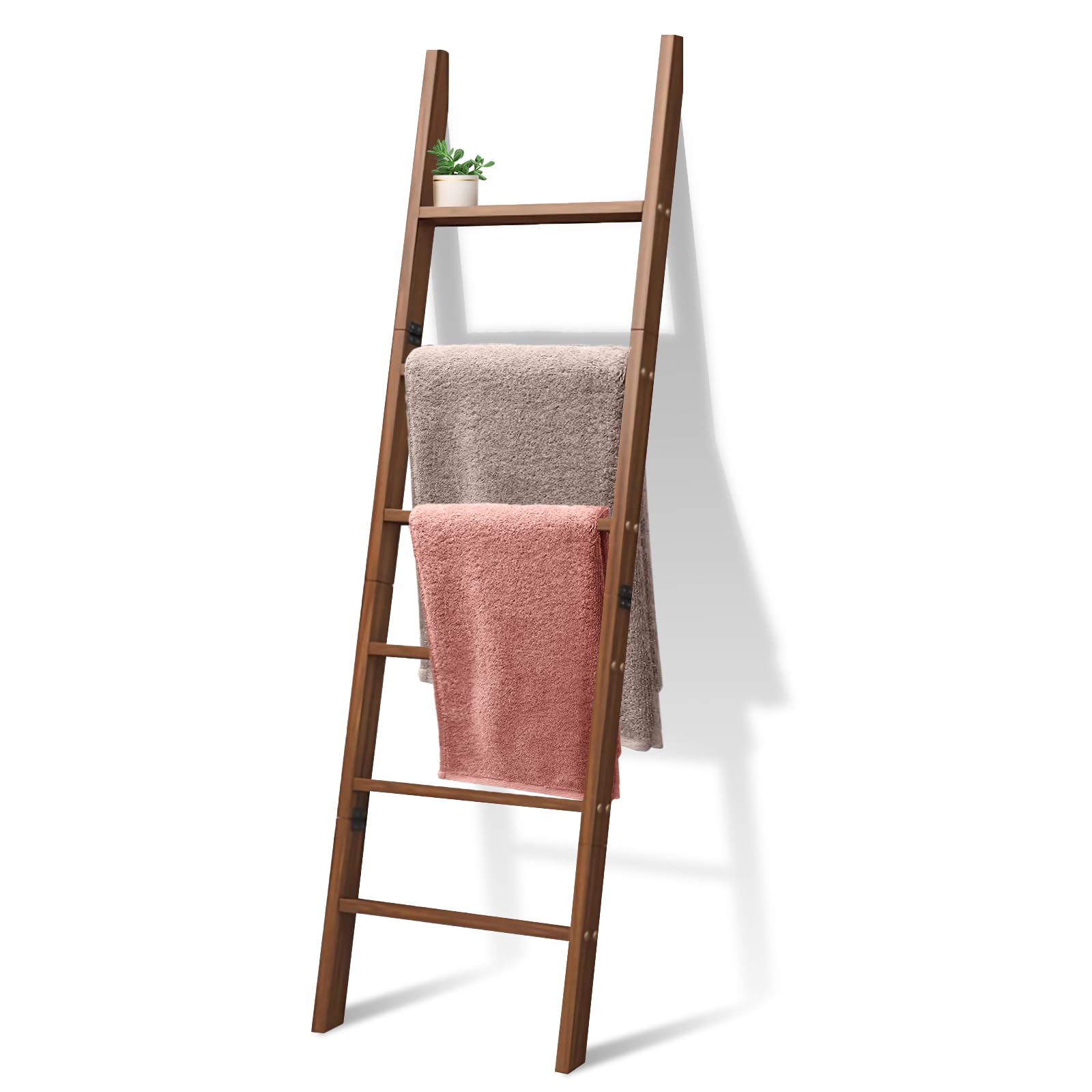 Wooden Blanket Ladder, 18”W×68”H, 6-Tier Foldable Pine Wood Blanket Storage Rack, Farmhouse Decor, Wall Blanket Holder for Living Room Bedroom Bathroom, Decorative Ladder Shelf, Brown