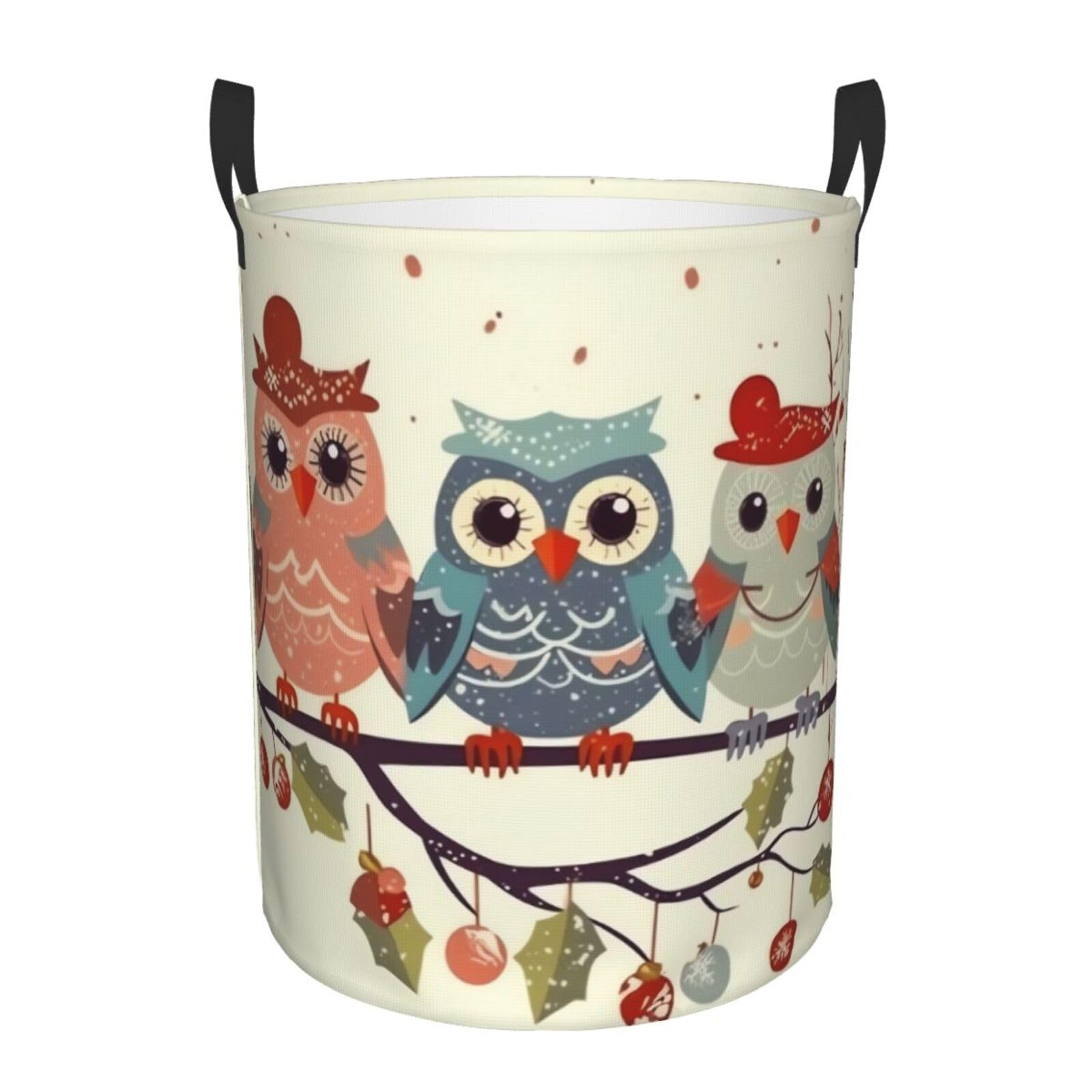 Cute Christmas Owls on Branch Laundry Basket With Handles, Foldable Laundry Hamper Oxford Cloth Dirty Clothes Basket Waterproof Clothes Toys Storage Bin Organizer for Bedroom Bathroom Dorm