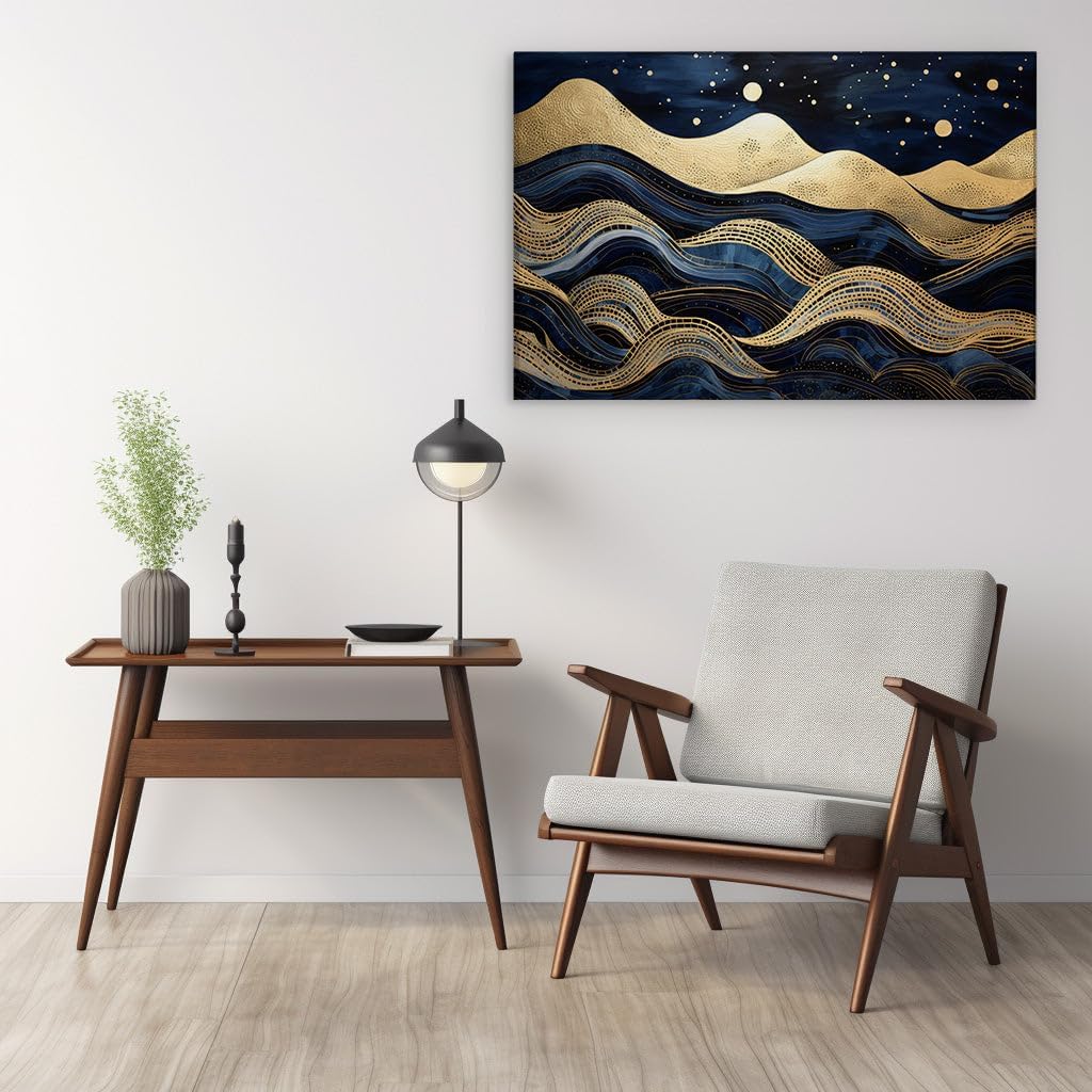 Canvas for Living room. Whispers of Gold in the Midnight Realm: Unveiling the Mystique of Abstract Night Scapes, 27 x 18 inch Canvas Wall Art - Ready to Hang - 69x46 cm (27x18 inch)