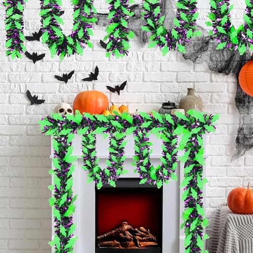 Image of 50 FT Halloween Tinsel Garland, Thick Glitter Tinsel Garland Hanging Streamers Green Ghost Metallic Holiday Tinsel Hanging Oranment for Halloween Party Supplies Indoor Outdoor Decoration