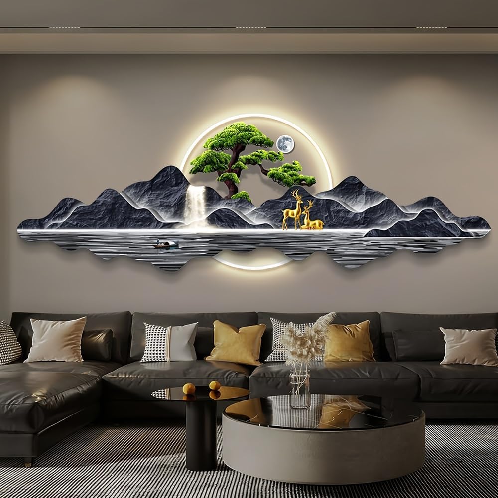 ESBVLOA 3D Wall Hanging Art with LED Light – Modern Chinese Landscape Wall Decor for Living Room, Corridor, or Study – Plug-in Lighted Mural(Blue,Large(59.1 * 19.7in))