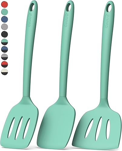 Coukre Juego de 3 espátulas de silicona, resistentes a altas temperaturas, sin BPA, espátula para pescado, volteador sólido y con ranuras para