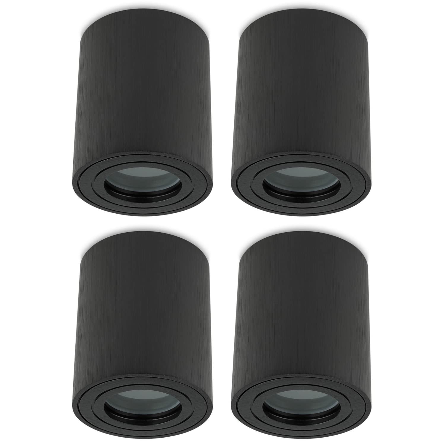 Sweet Led 4 Stück Aufbaustrahler Bad IP44 Aluminium GU10 Deckenspot 95mm Feuchtraum Badezimmer Nassbereich Aufbauleuchte 230V Aufbauspot – schwarz gebürstet, rund