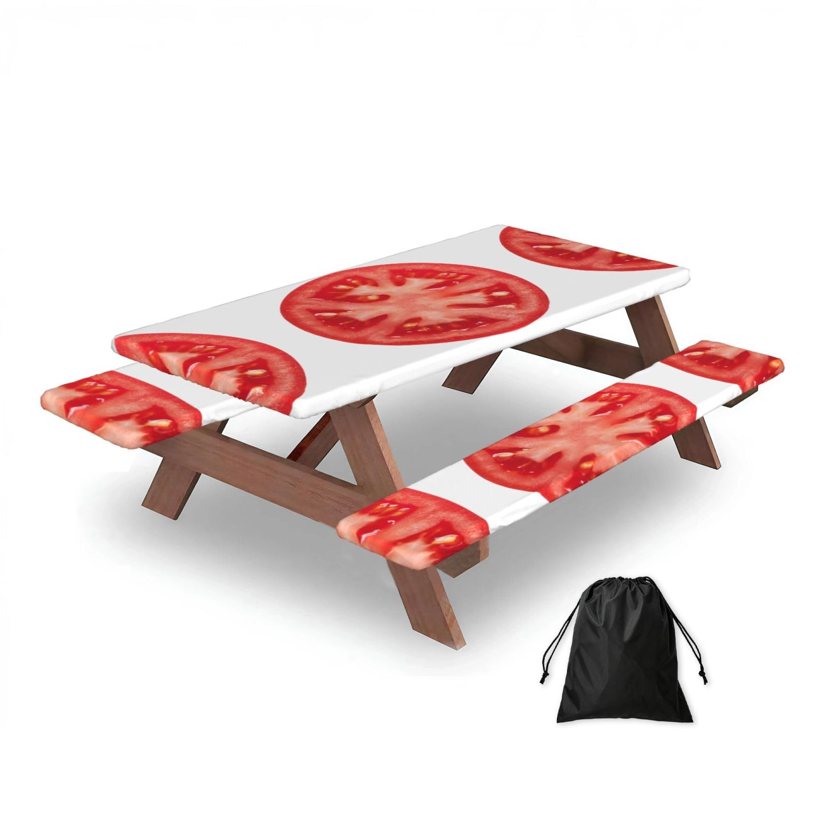 Dopklna As Picture Tomato Slice, Picnic Table Cover With Bench Covers -Waterproof Elastic Fitted Tablecloth For Garden Camping Patio 76X152cm