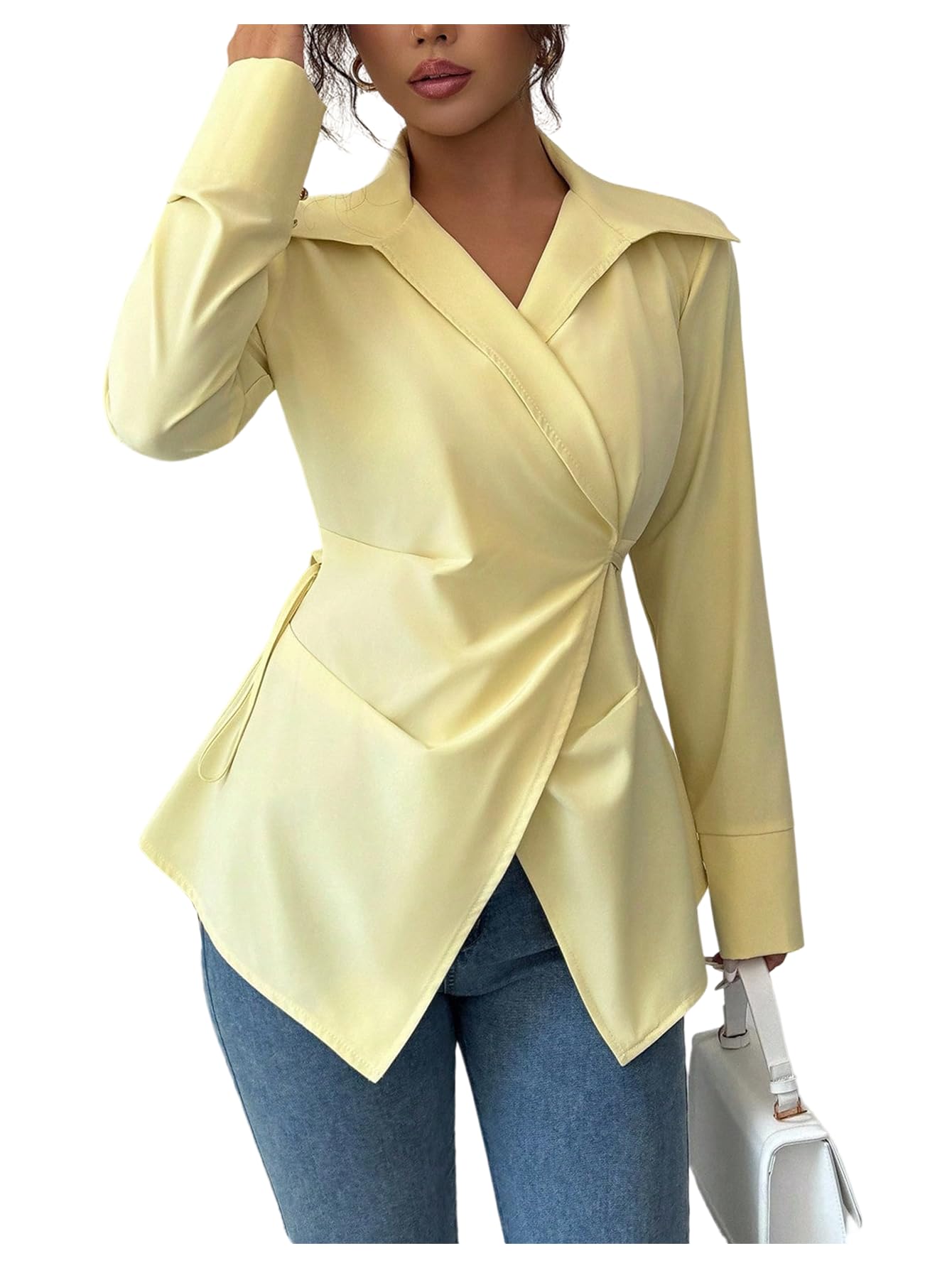 GORGLITTER Womens Wrap Formal Blouses Dressy Long Sleeve Collared Work Shirts Business Casual Outfits Yellow Medium