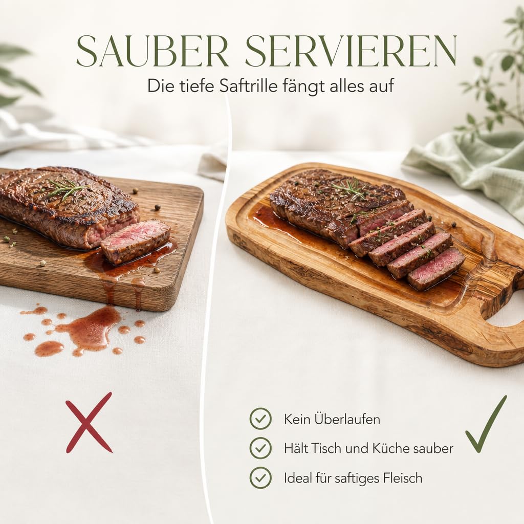 Olivenholz Steakbrett mit Saftrille - Personalisiertes Schneidebrett mit Grifflasche für Steak, Fleisch, Grill & BBQ (44-49 cm)