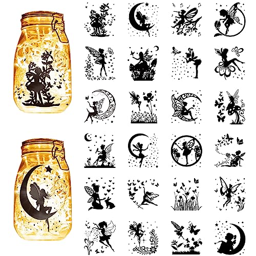 CREATCABIN 24Pcs Fairy Silhouettes Mason Jar Decor Lantern Laser Cutouts Decoration Plastic Scrapbook Embellishment for Jars Wall Windows Glass Cars Decor DIY Crafts Gifts Black 3.9x3.5Inch
