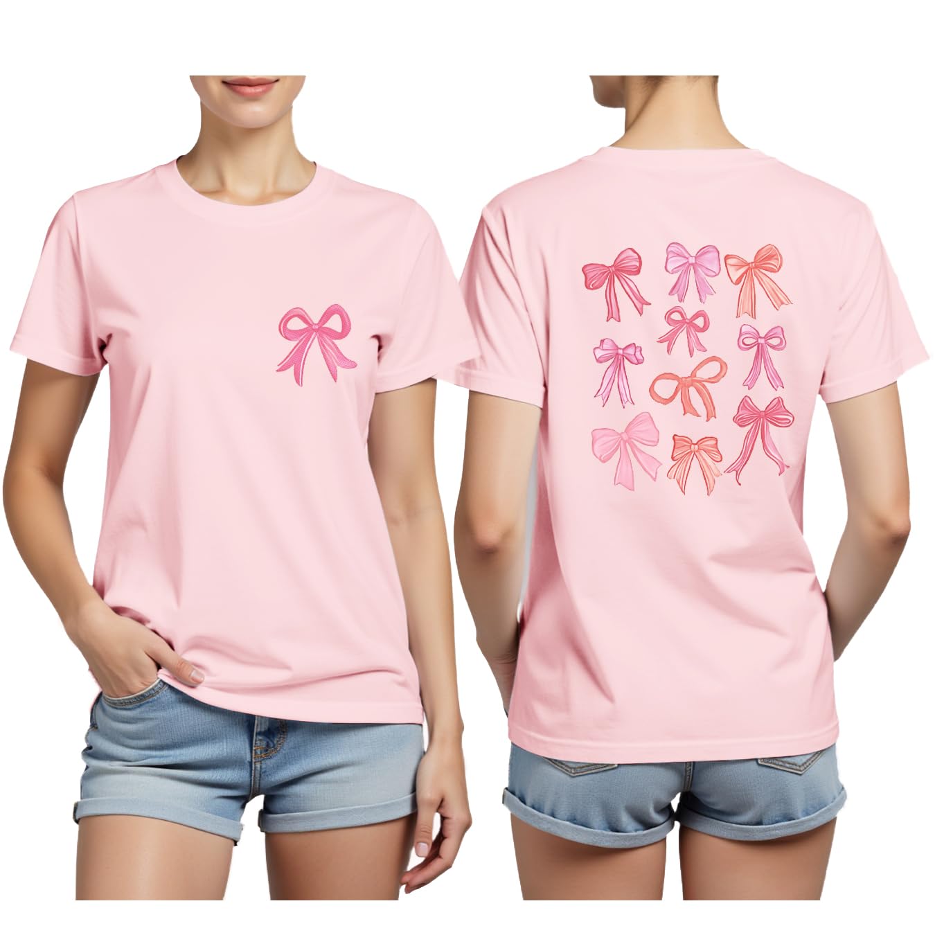 CQF Bow Shirts for Women Cute Pink Bowknot Ribbon Print Tee Tops Bow Girly Aesthetic T-Shirts