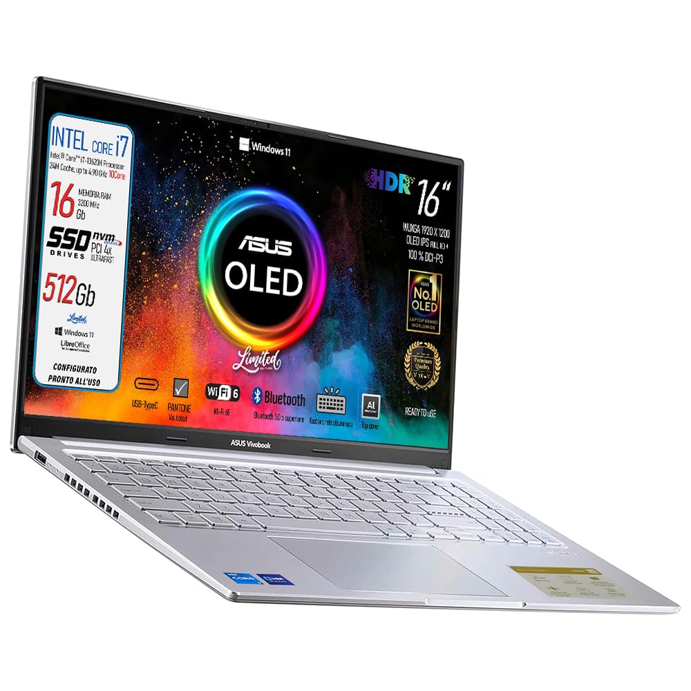 ASUS Notebok Vivobook OLED 16" pantone valitated, Intel I7 13620H, Ram 16Gb, SSD Pci Nvme 512Gb, Windows 11, wi-fi 6, webcam, Usb3.2, Hdmi, Bt5.3, Tastiera retroilluminata, Preconfigurato - 1
