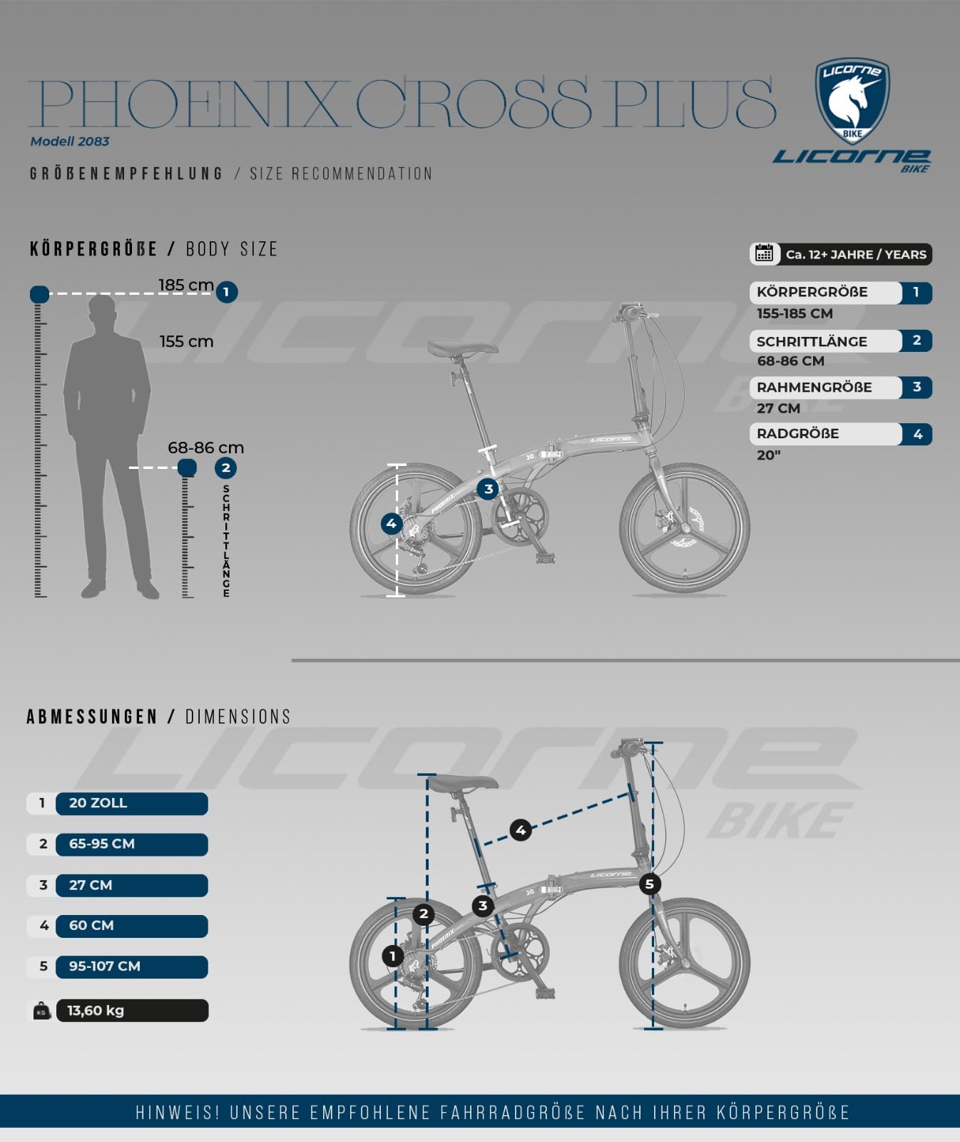 Licorne Bike Phoenix składany rower 2D Cross 20", aluminiowy, hamulec tarczowy, hamulec tarczowy, rower składany, dla mężczyzn i kobiet, 7 biegów, składana przerzutka miejska, aluminiowa rama