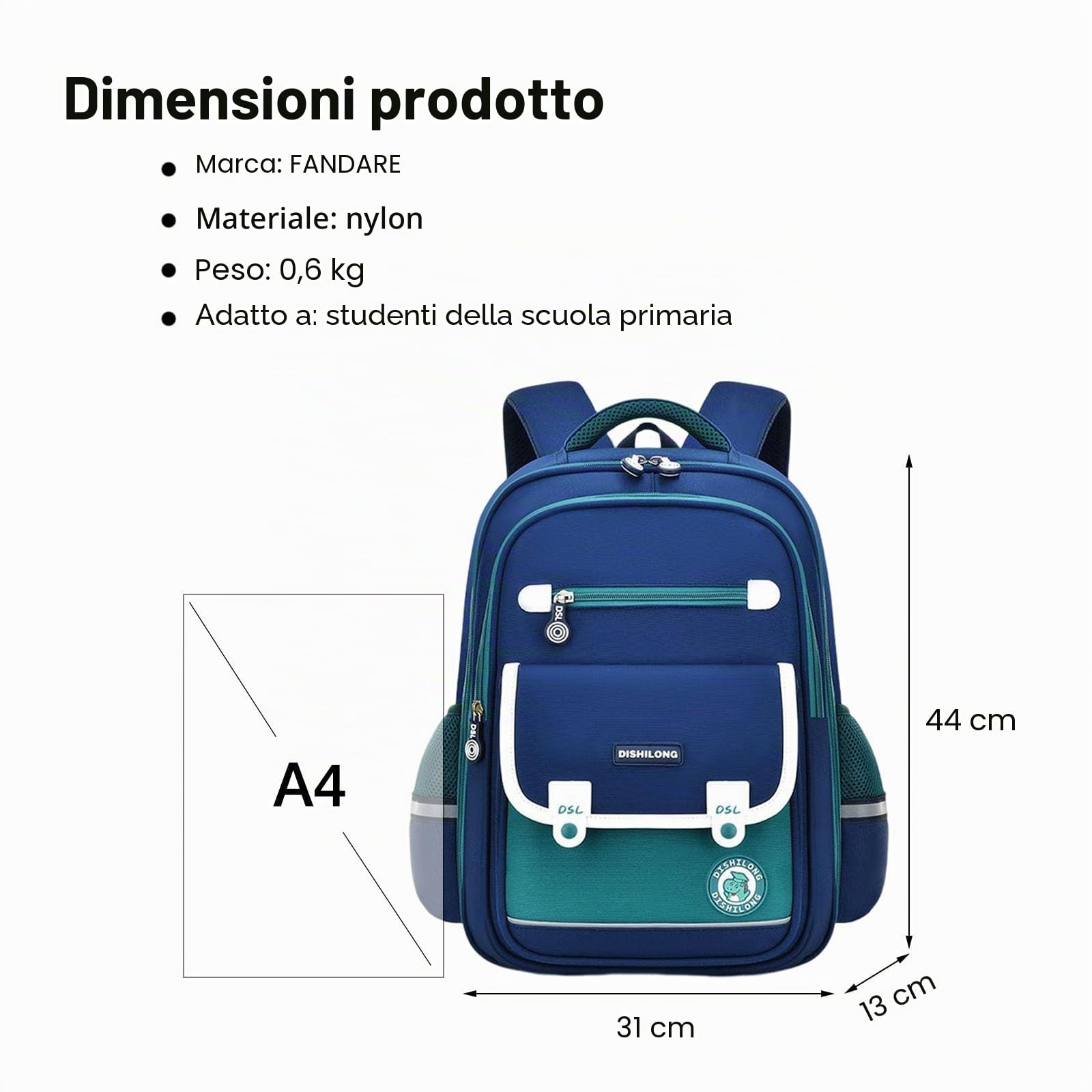 FANDARE Zaino per bambini Zaini Casual Zaini Cartelle Zaino Scuola per grado 4-9 Borse Elementare Zaino Ragazze Ragazzi Zainetto per Studenti Primarie Viaggiare Uomo Donna Zainetto Blu verde L