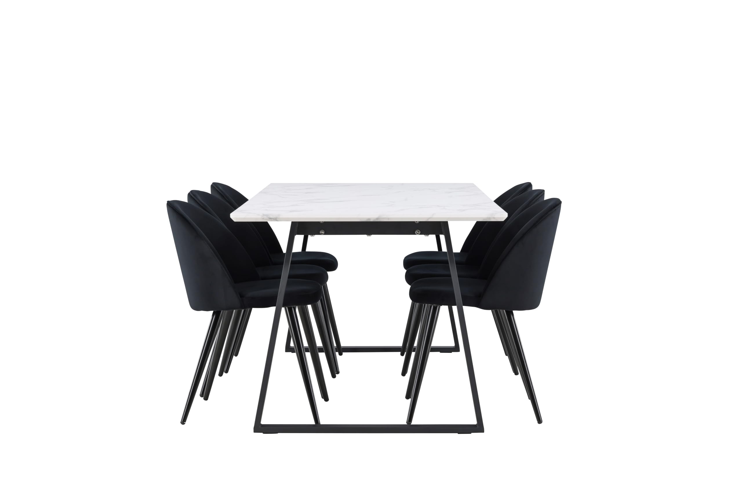 Essgruppe mit 6 Stühlen - Malaga Esstisch 90x200 cm Weiß mit 6 Skagen Stühlen Schwarz Velours skandinavisch Esszimmerset Tischgruppe 6 Personen Skandi Design Essbereich