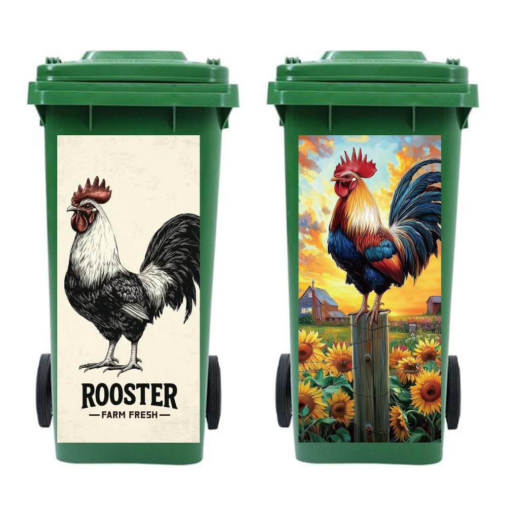 Peacoblue Wheelie Bin Stickers 2 Sheets Roosters Sticky Dustbin Stickers Decals, 15in x 32in Waterproof Self Adhesive Large Wraps for Bins, Fridge, Wall Outdoor Indoor Patio Decor, Home Decoration — image 1