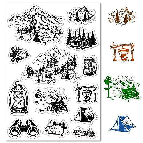 CRASPIRE Gummistempel mit Berg-Camping-Motiv, Vintage, Wald, Zelt, Retro, transparent, Silikondichtungen, Stempel für Tagebuch, Kartenherstellung, DIY, Scrapbooking, handgefertigt, Fotoalbum,