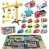 HONYAT Construction Toys, Engineering Vehicles Set with Play Mat, Pull Back City Cars and Trucks Toy Cars Set with Tower Crane, Building Educational Gift for Boys 3 4 5 6 7 Years Old