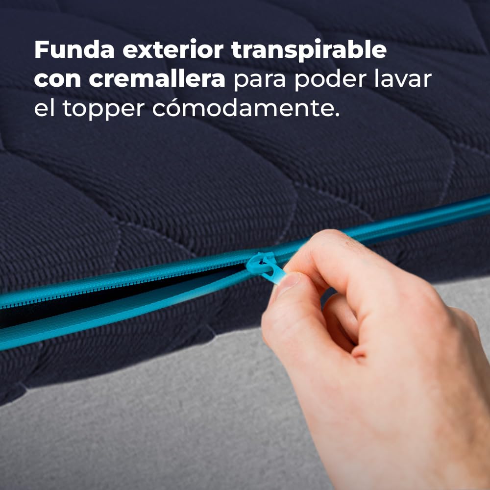Cecotec Topper Viscoelástico Flow TopDeluxe 90x190. Cubrecolchón Sobrecolchón. Viscoelástica 100% con Acolchado de 7 cm de Altura, 4 Correas Elásticas Antideslizantes, Funda Exterior con Cremallera