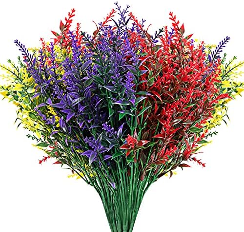 Artificial Flowers 10 Packs Outdoor Fake Flowers Faux UV Resistant Lavender Plastic Plants Garden Porch Window Box Indoor Outside Hanging Decorations(4 Yellow, 3 Purple, 3 Red)