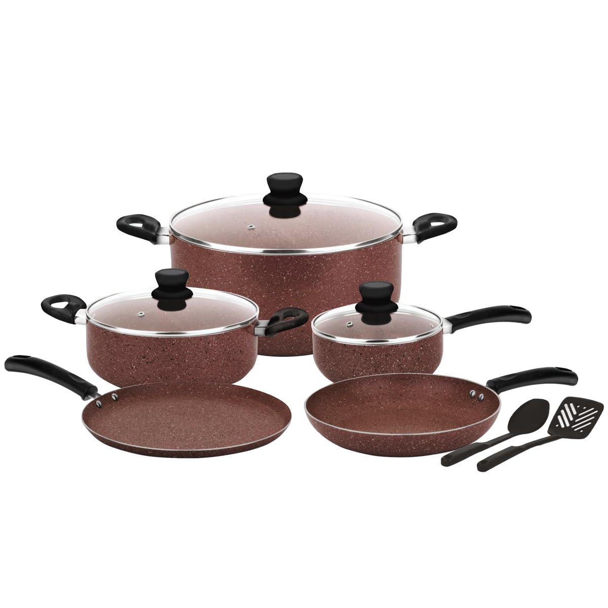 EASY COOK 10 Pcs Marble Coating Non-Stick Cookware Set | 30cm,24cm Casserole With Glass Lid | 18cm Sauce Pan | 26cm Fry Pan | 28cm Flat Tawa | 2 Pcs Nylon Turner