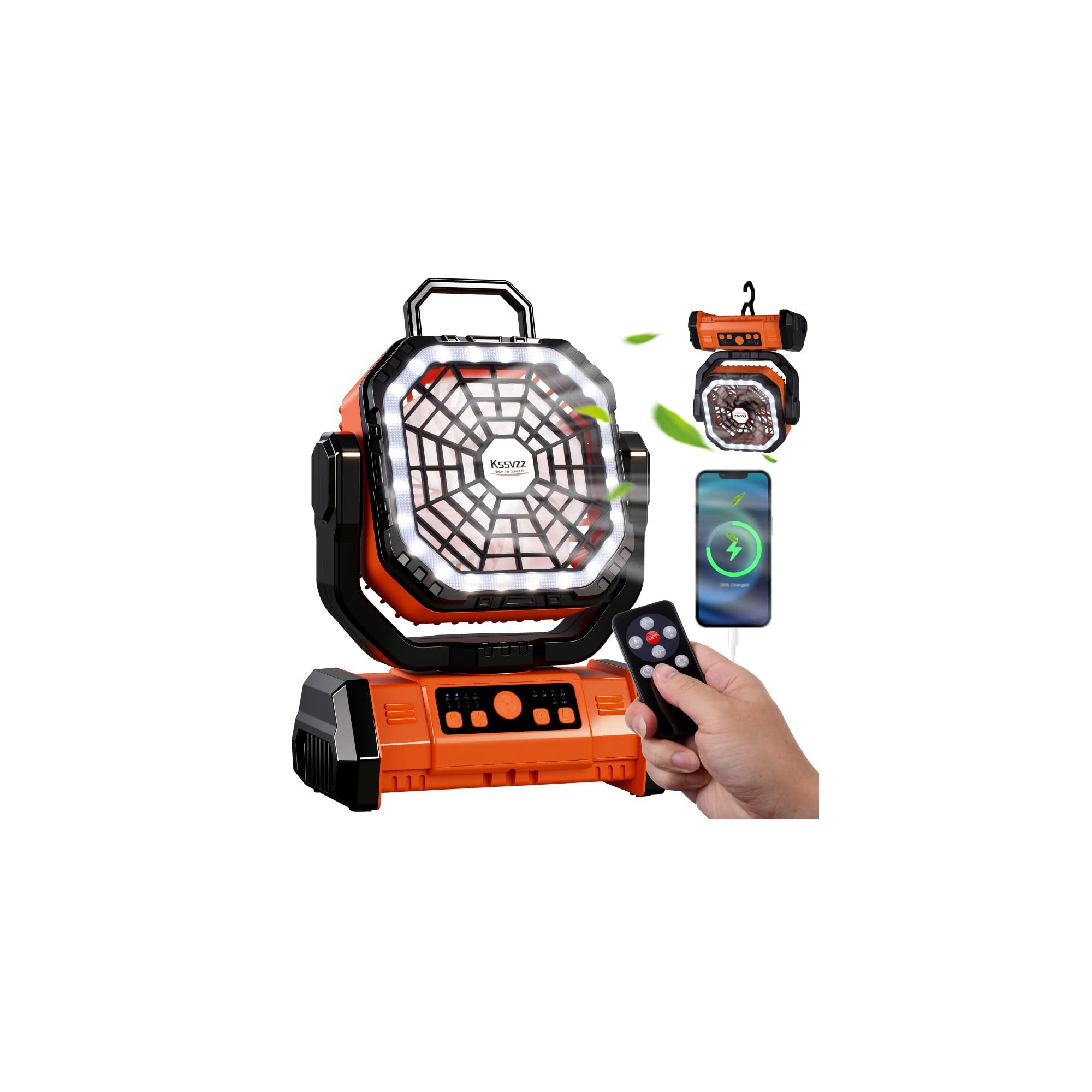 Ventilateur portable rechargeable à 4 vitesses avec minuterie et crochet suspendu