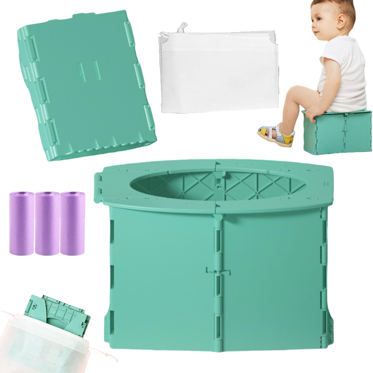 2025 New Baby Whisper Co Travel Potty with Storage Bag and Three Cleaning Bags,Foldable Potty Seat,Reusable Foldable Toilet for Camping, Indoor, Outdoor (Green)