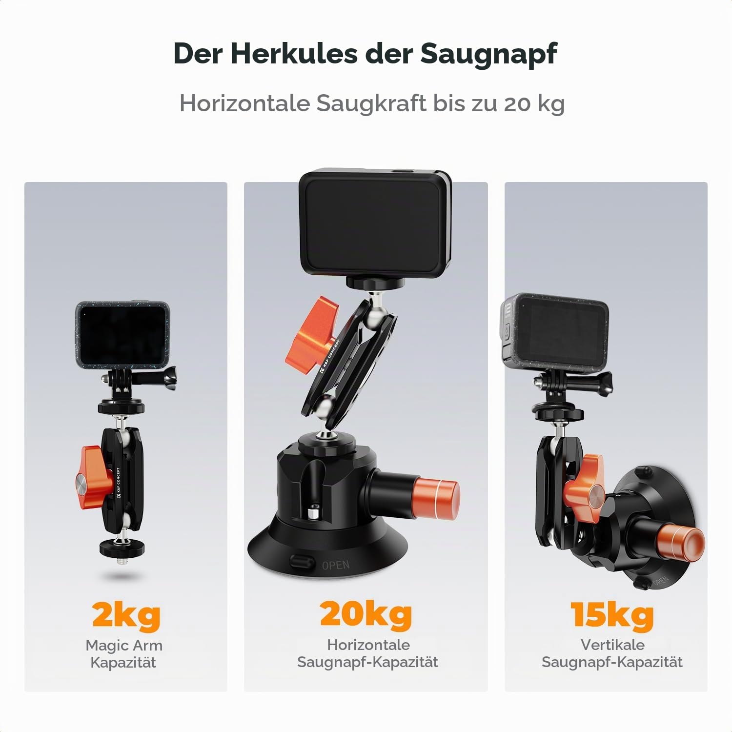 K&F CONCEPT 3" Saugnapfhalterung, Kugelkopf, 1/4" Gewinde | Zentrierbohrung, Für Auto, GoPro, DJI Osmo Action 5 4, Insta360 X5 X4, Handy, MS44