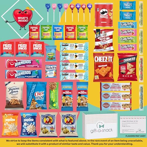 Image of Gift A Snack - Snack Box Variety Pack Care Package + Greeting Card (50 Count) Graduation Birthday Sweet Treats Gift Basket, Candies Chips Crackers Bars Office Food Assortments & Variety Gifts