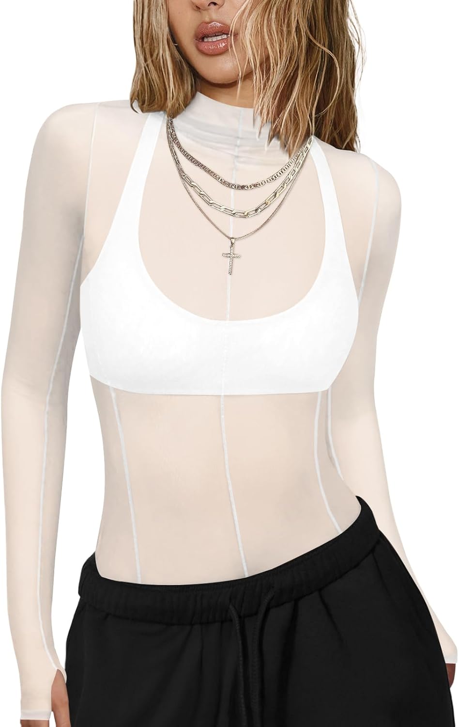 Mesh Sheer Long Sleeve Layering Tops for Women Mock Neck Sexy Going Out Lace Tee Shirt See Through Party Club Concert Blouse