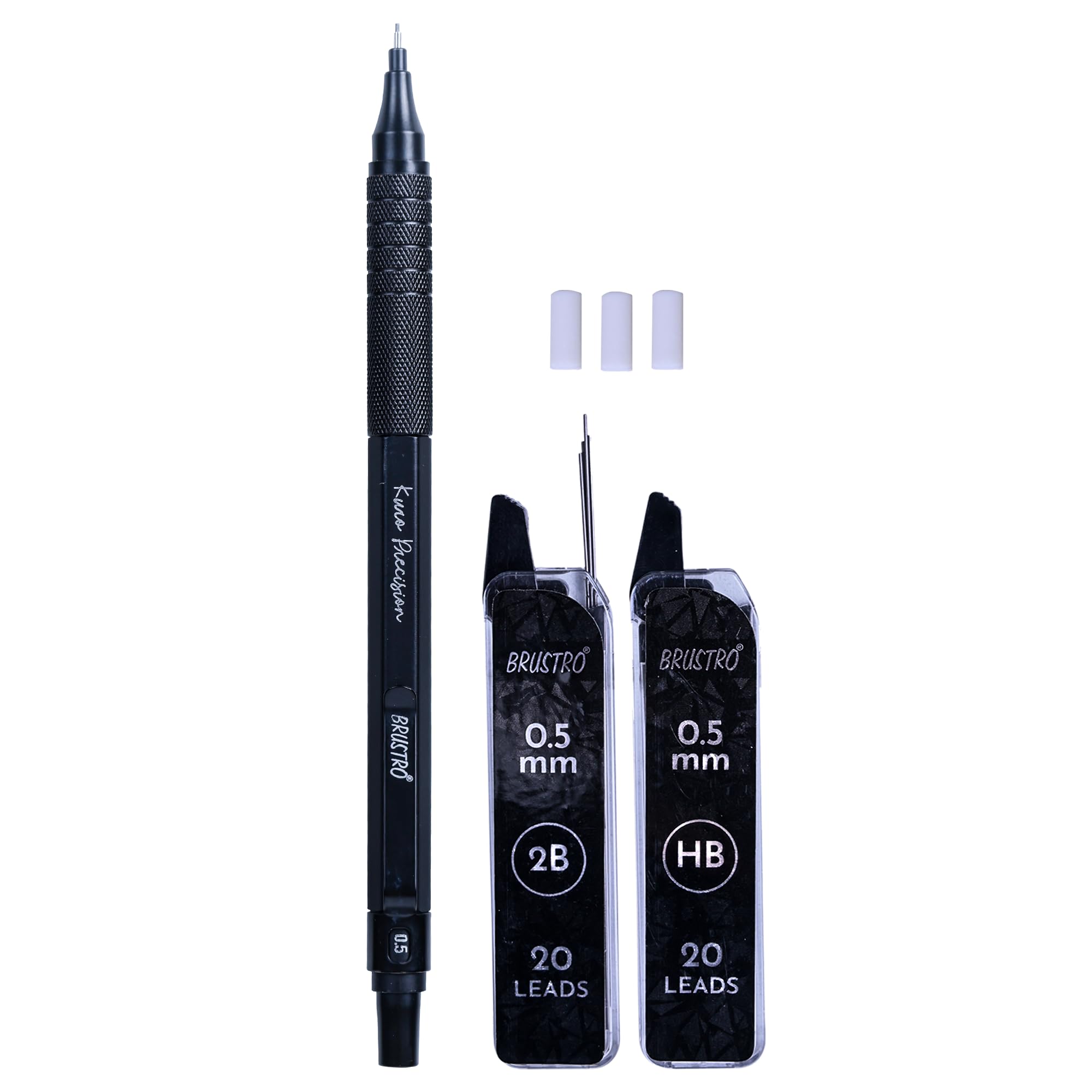 BRUSTRO Kuro Precision Mechanical Pencil | Tip Size - 0.5mm With 20 - HB and 20-2B leads, 3 Eraser Refills| Ideal For Writing, Sketching, Drawing, Mandala Arts and Fine Art Students