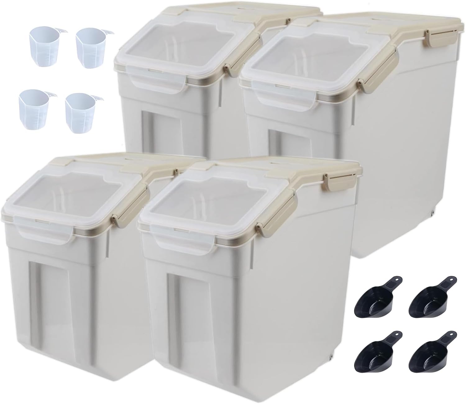 Large Flour Storage Container Bin 25lb, 4Pack Airtight Rice Storage Containers with Wheels Seal Locking Lid, BPA Free with Measuring Cup&Scoop for Flour, Rice, Grain(Gray)