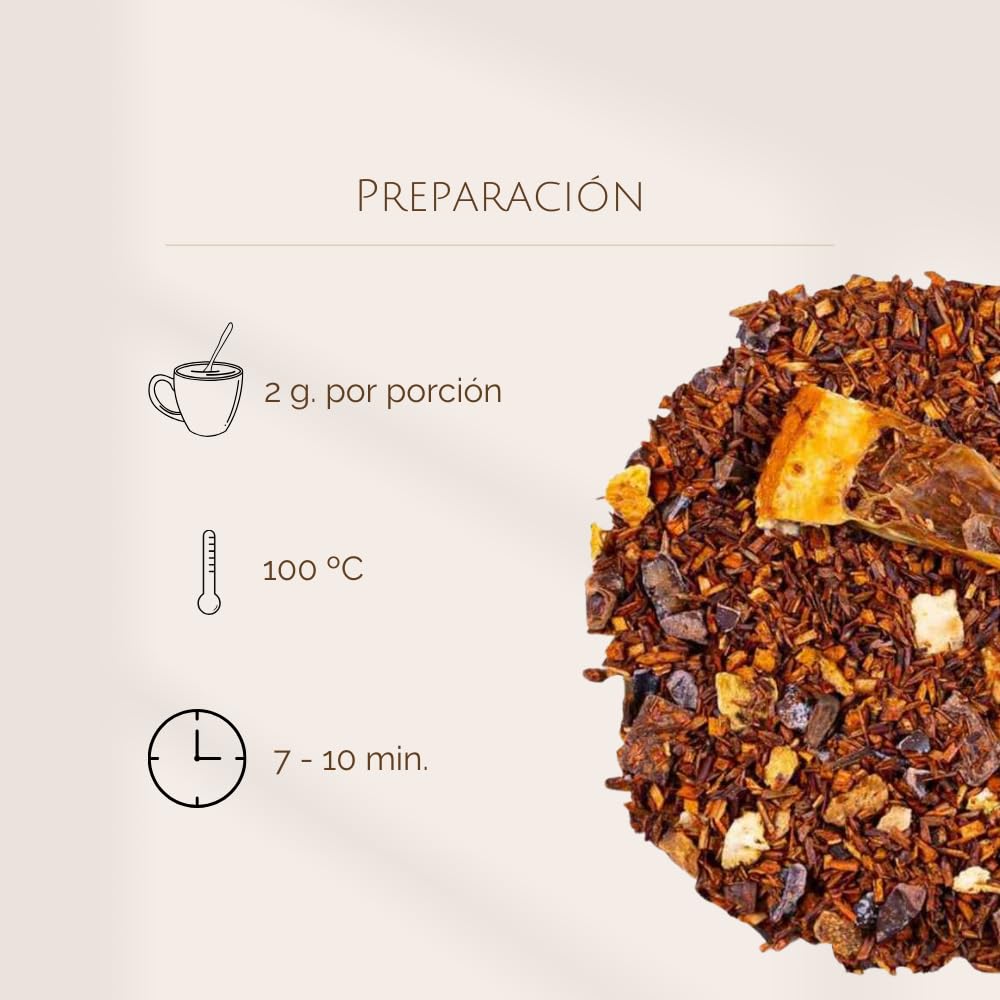 Rooibos Naranja y Chocolate a Granel 100 Gramos - My Tea Moments - Cultivo Sostenible - Ingredientes Naturales: Cacao, Chocolate, Naranja. Antioxidante, Energizante, Mejora anímica.