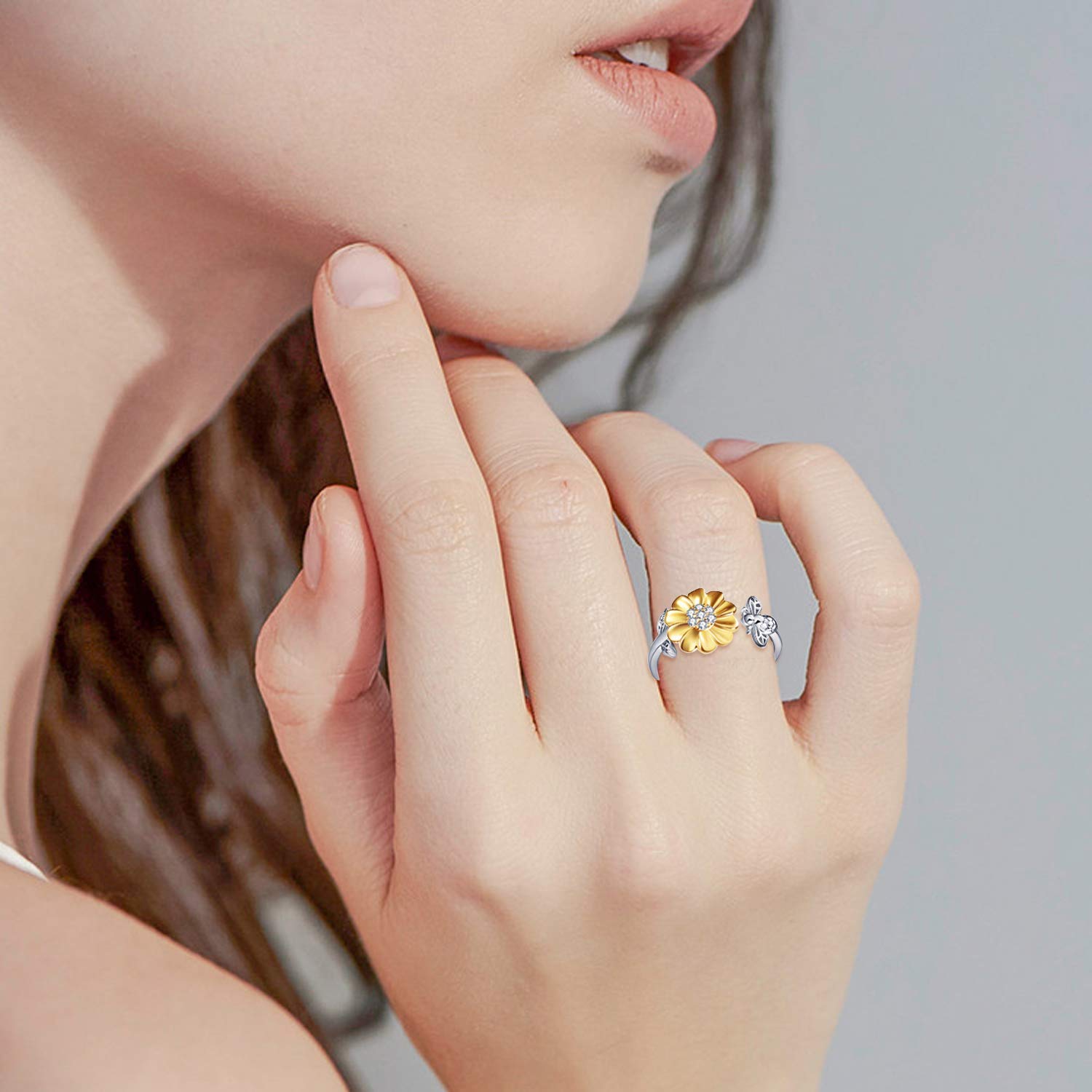 YFN Anillo girasol plata esterlina abeja anillo regalo de joyería para mujeres niñas