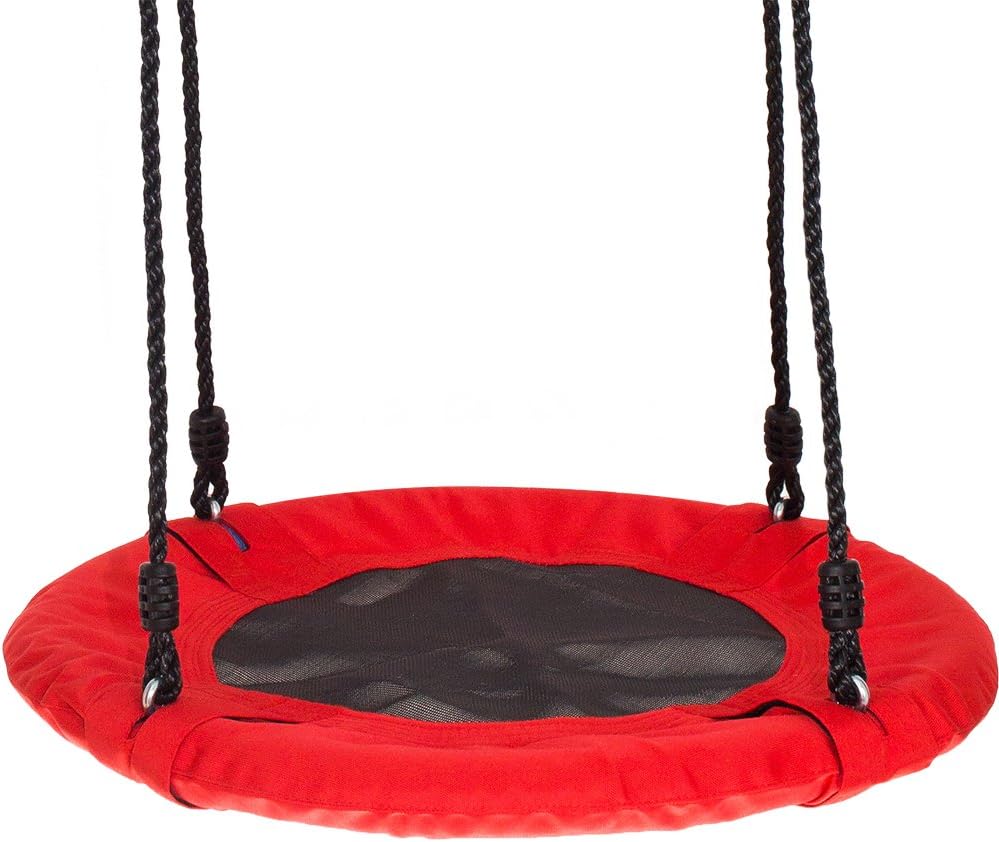 Fabric Saucer Spinner Swing - Fun! Easy Install on Swing Set or Tree, Nylon Rope with Padded Steel Frame (Red)
