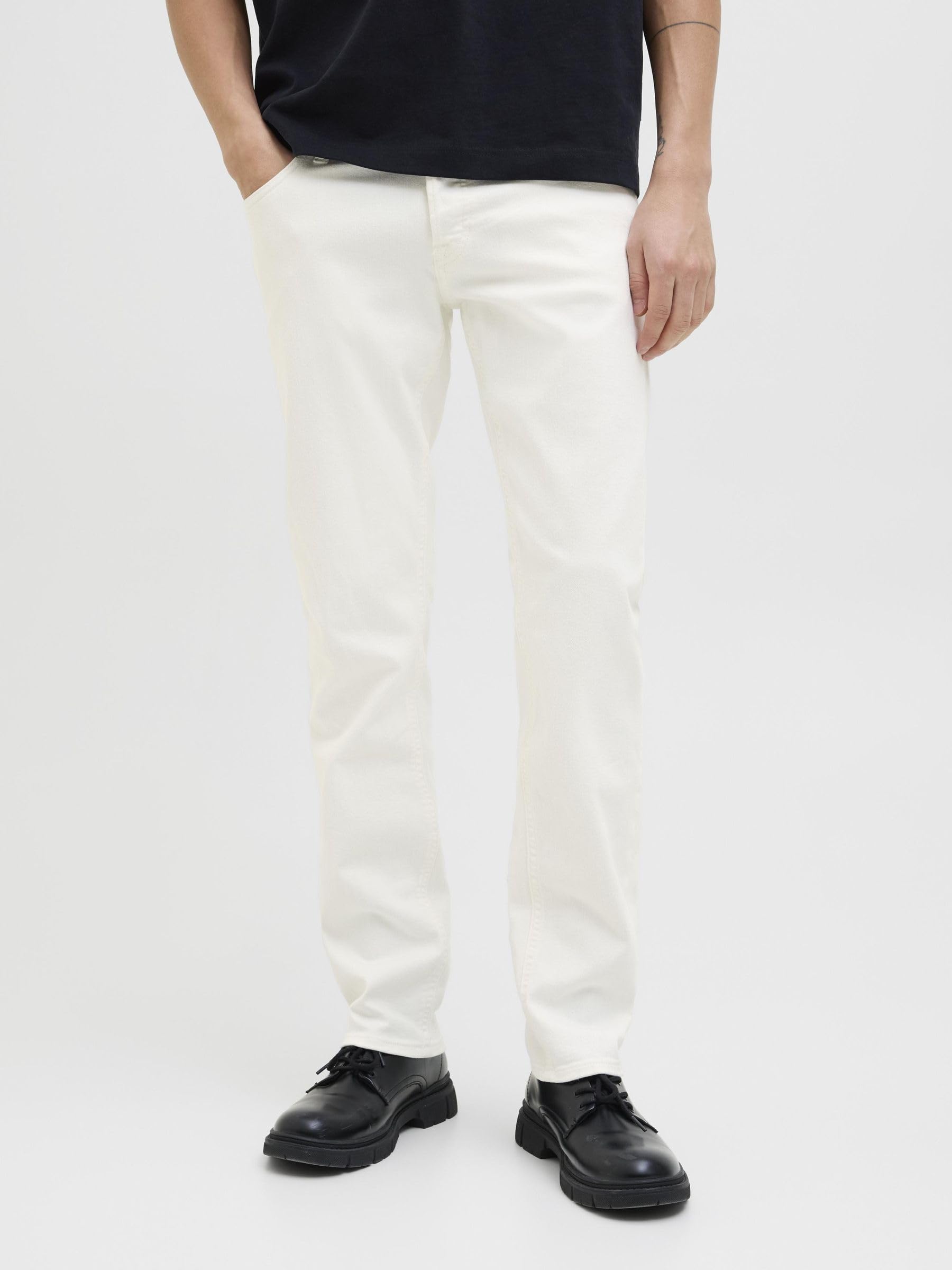 JACK & JONES Mens Slim Fit Jeans, Low Rise Stretch Denim Trousers for Men, White Colour, UK Size - W28 to W36