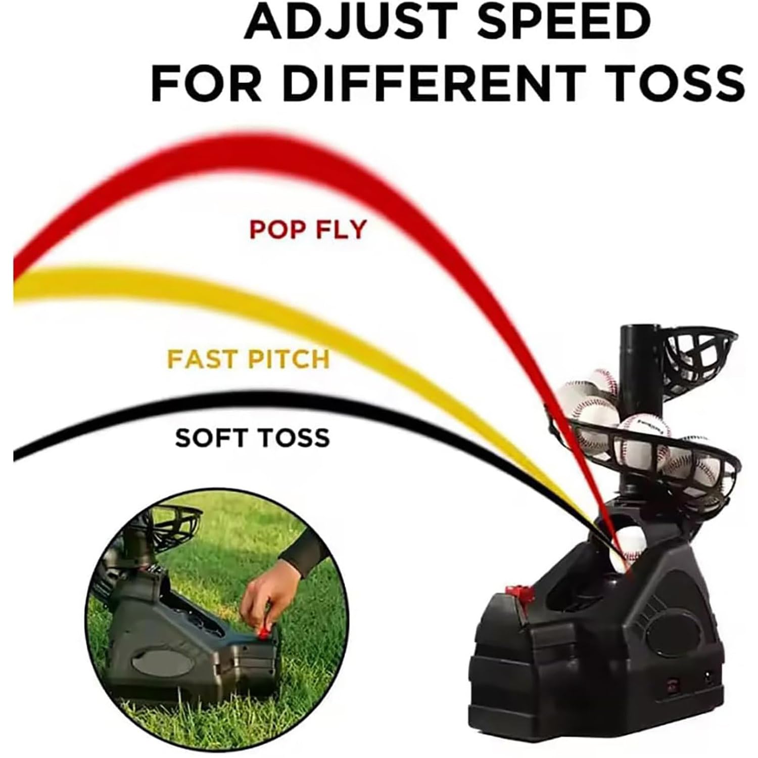 Macchina per lanciare palline da baseball e tennis, design portatile, distanza di volo regolabile, alimentato a batteria o adattatore CA