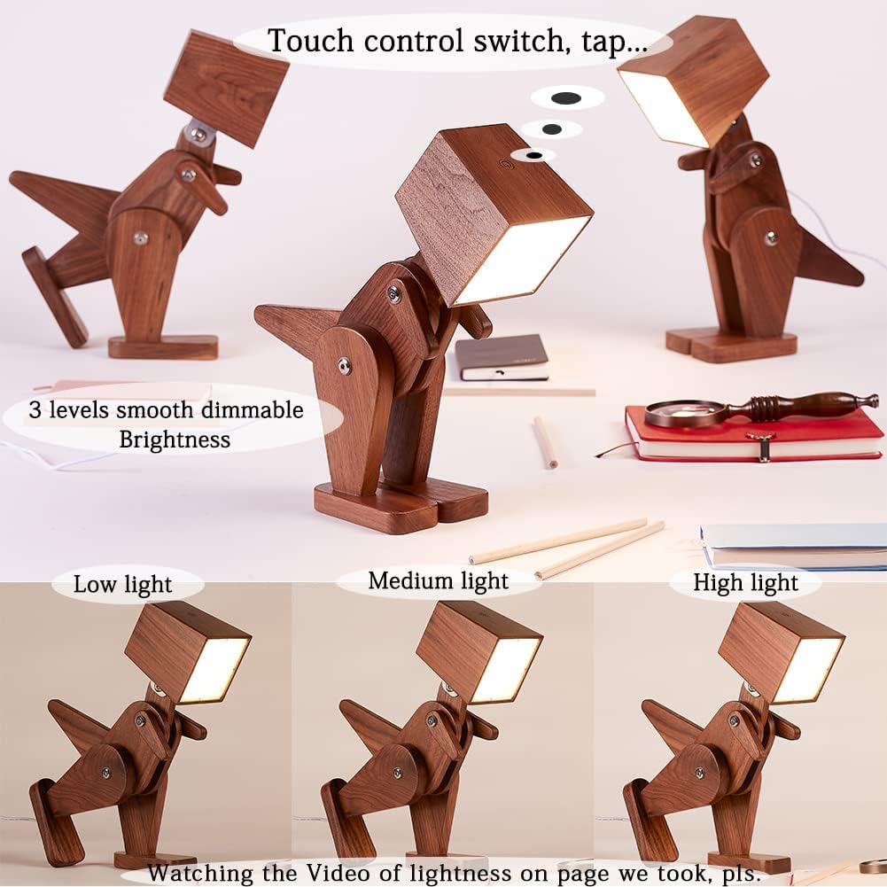 Buy 2 get 3 HROOME Unique Dinosaur Table Lamp Wood Adjustable Body Cute Bedside Desk Lamp with Dimmable Touch Switch Warm White Light Gift for Kids Room, Bedroom, Living Room, College Dorm, House - Black Walnut