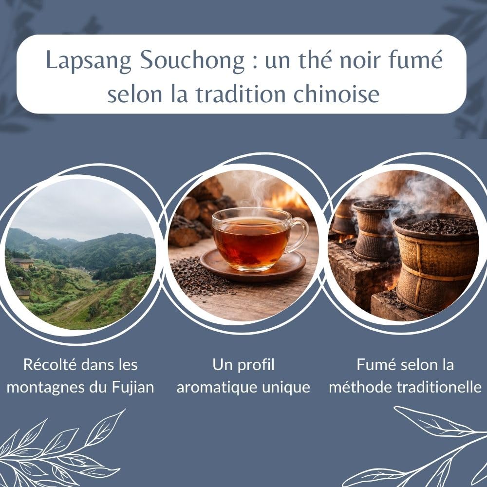 Thé Fumé Lapsang Souchong Bio - Thé Noir Vegan en Vrac, 100% Naturel, Sans OGM - Agriculture Biologique - Conditionné en France - Sachet 1 kg (500 Tasses)