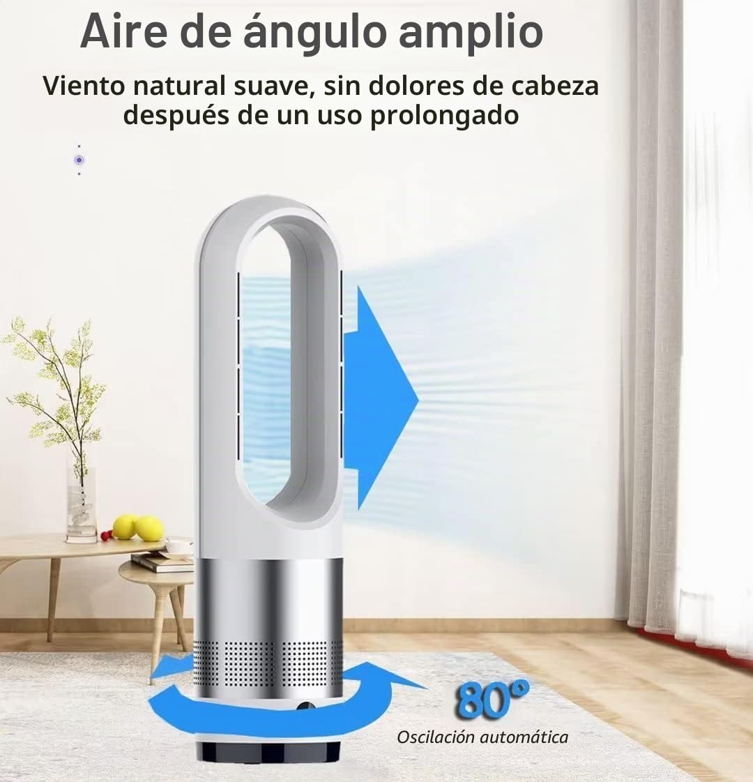 Ventilador de torre sin aspas con control remoto, 8 velocidades, temporizador y purificación de aire para uso en hogar, oficina y dormitorio