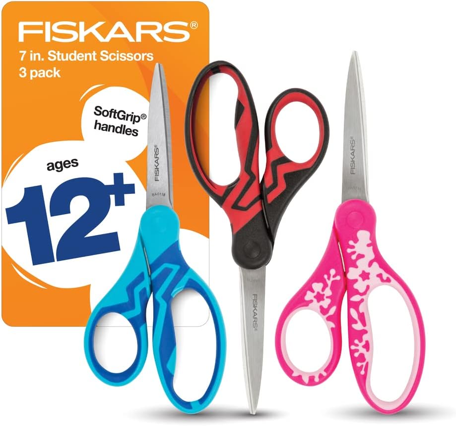 Fiskars 7" SoftGrip Student Scissors for Kids 1214 (3Pack