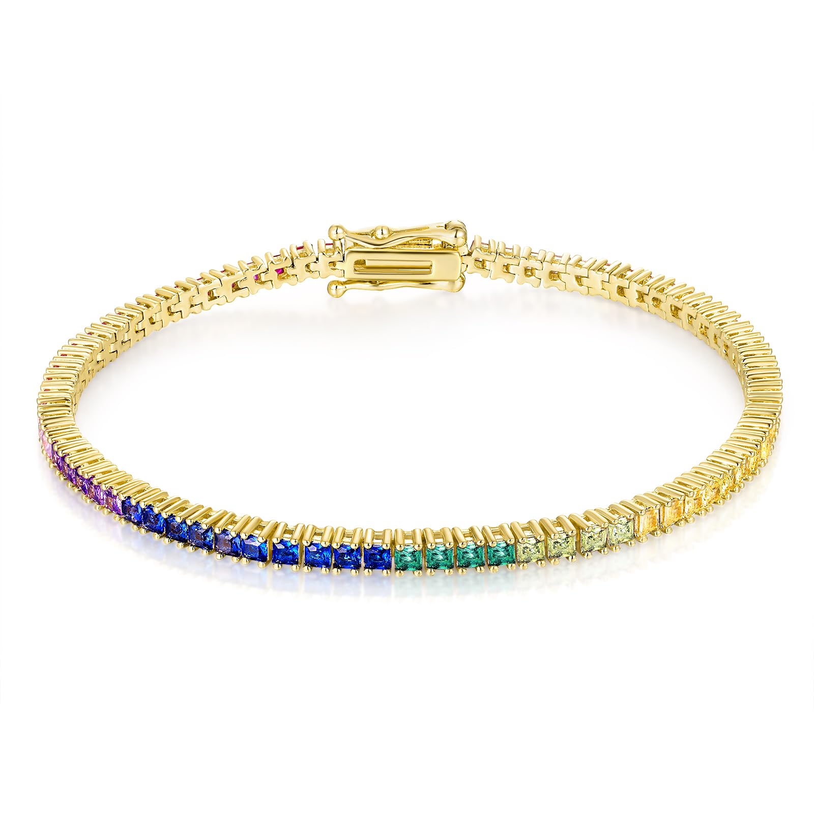 Gemsme Rainbow Tennis Bracelets for Women, 18K Gold or White Gold Plated 2.0-3.0mm Colorful CZ Link Bracelet, Dainty Stackable Jewelry Bracelet, Minimalist Wrist Chain Bracelet, 6.7 Inches (17cm)