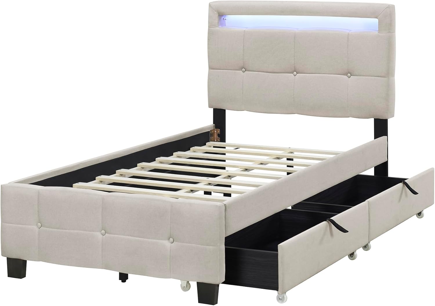 Space-Saving Upholstered Platform Bed with 2 Storage Drawers, Tufted Design Padded Headboard Bed Frame for Bedroom Guest Room, Twin Size Bed Mattress Foundation No Box Spring Needed & Easy Assemble