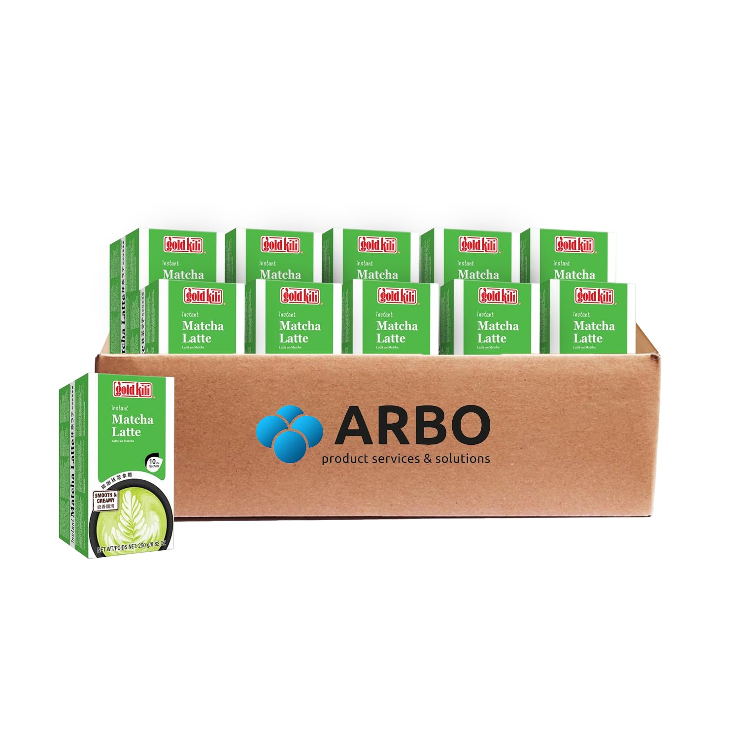 ArBo-Living Drinks – Gold Kili Instant Matcha 10er Vorratspack (100x25g) – Japanischer Grüntee Latte zum Anrühren – Cremig, aromatisch & voller Antioxidantien
