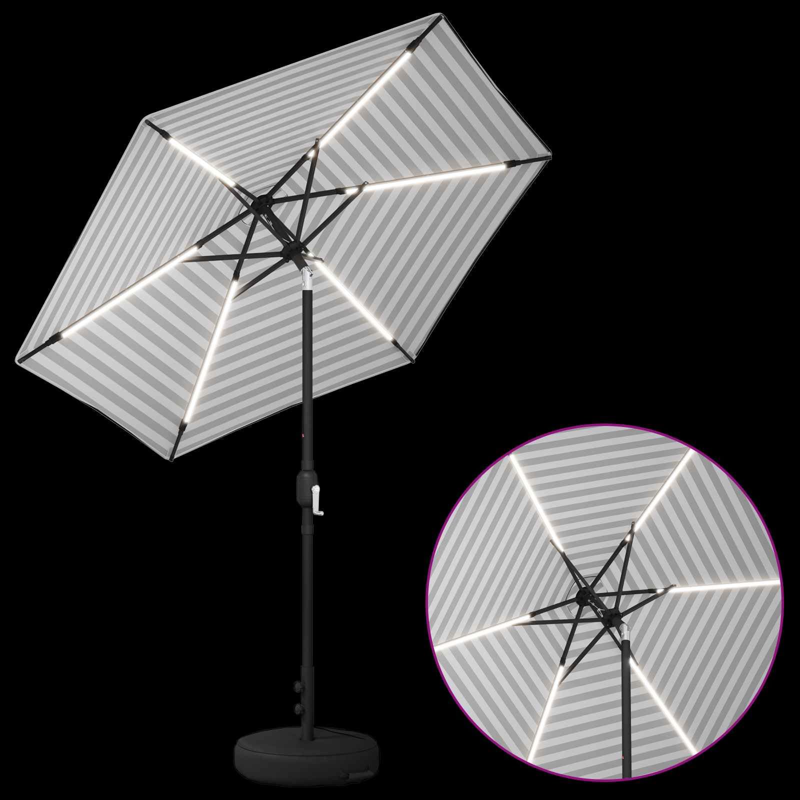 Parasol ogrodowy z diodami LED, 230 x 230 cm, poliester, ochrona przed promieniowaniem UV, odporny na warunki atmosferyczne i wodoszczelny, pochylany i zginany, idealny na taras, balkon, do