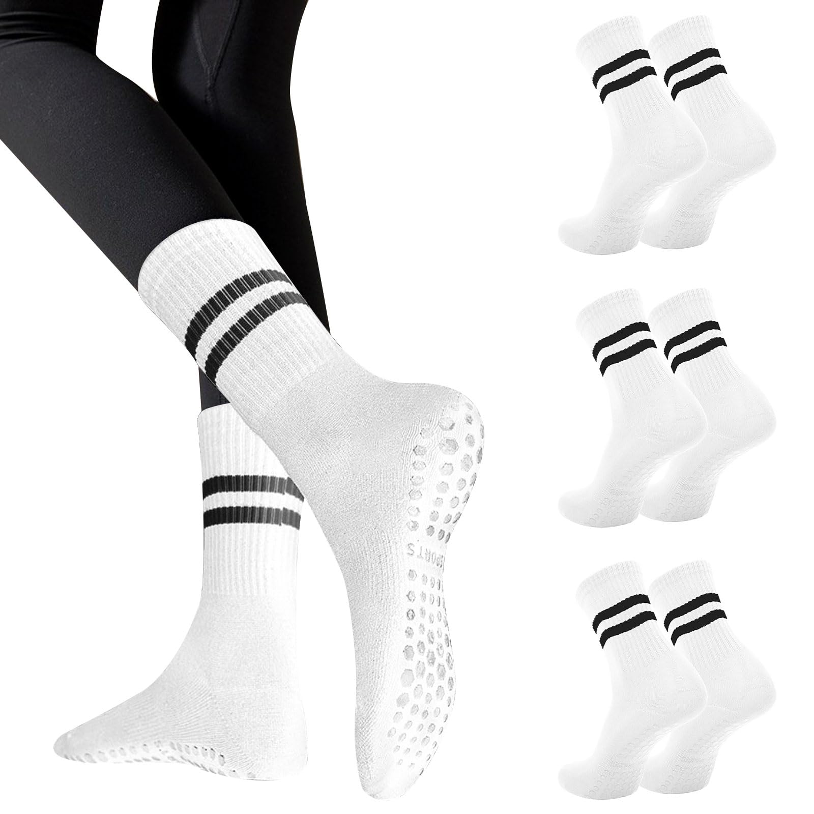 Risipu Women's White 3 Pairs Pilates Socks With Grips For ,Cute Non Slip Crew Grippy Yoga Socks Grippy Sticky For Hospital Dance Barre Workout (Uk, Alpha, One Size, Regular, Regular, )