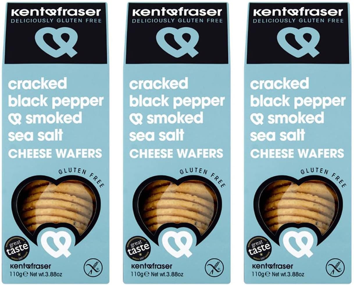 Kent & Fraser Gluten Free Cracked Black Pepper & Smoked Sea Salt Cheese Biscuits | Wheat Free Savoury Crackers | 110g (Pack of 3)