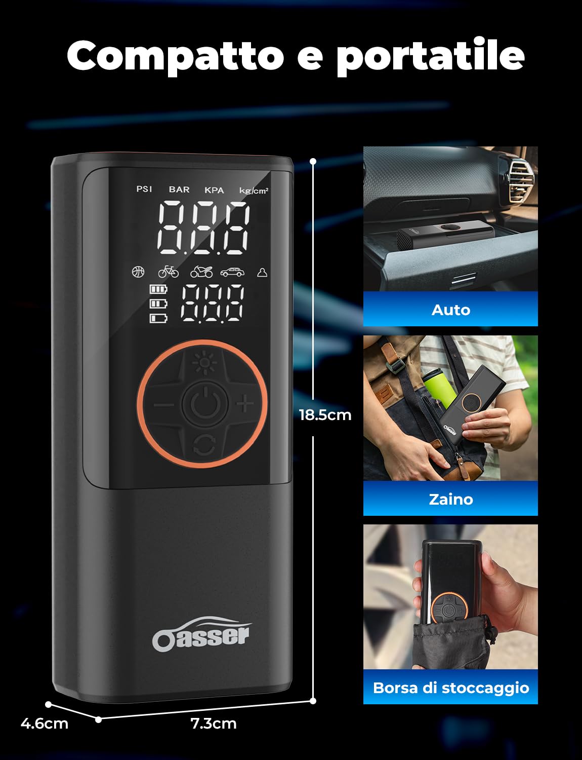 Oasser Compressore Aria Portatile 150PSI, 6000mAh, Inflazione Rapida, Doppio Schermo LCD, Spegnimento Automatico,Torcia LED, per Auto/Moto/Bici