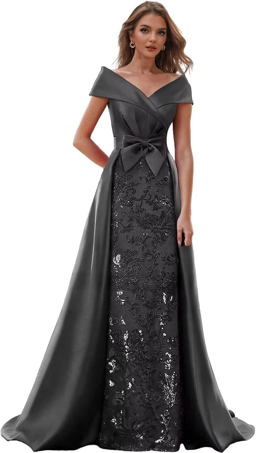 Lace Satin Mother of The Bride Dresses for Women Off The Shoulder Sequin Formal Evening Gown with Train