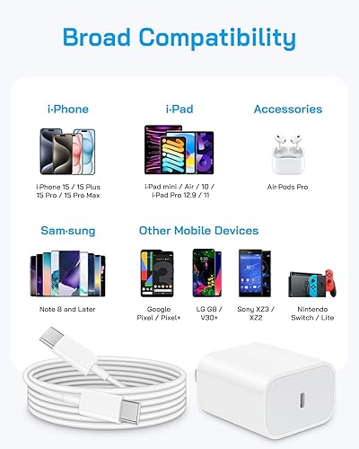 Miniatura 7 de Cargador para iPhone 15 de carga rápida certificado MFi Paquete de 2 bloques de carga de pared USB C de 20 W con cable tipo C a tipo C de 6 pies