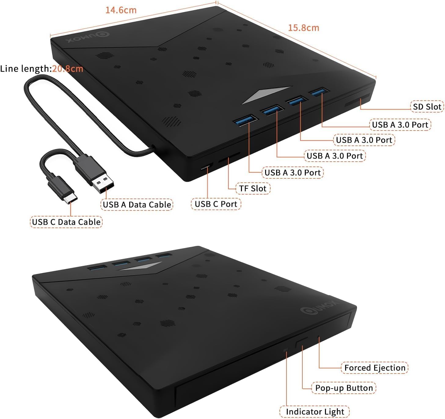QUMOX Masterizzatore Esterno CD/DVD USB 3.0 con Hub 8-in-1, 4 Porte USB, Lettori Schede SD/TF, Ultra Sottile per PC/Mac/Linux, RGB