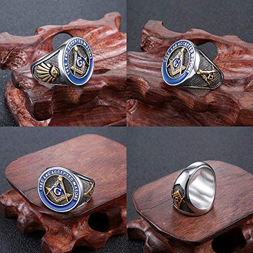 Ifuaqz Men's Stainless Steel Masonic Freemason Rings Gold Blue Free And Accepted Masons Symbol Signet Band Size 10 #TOP5